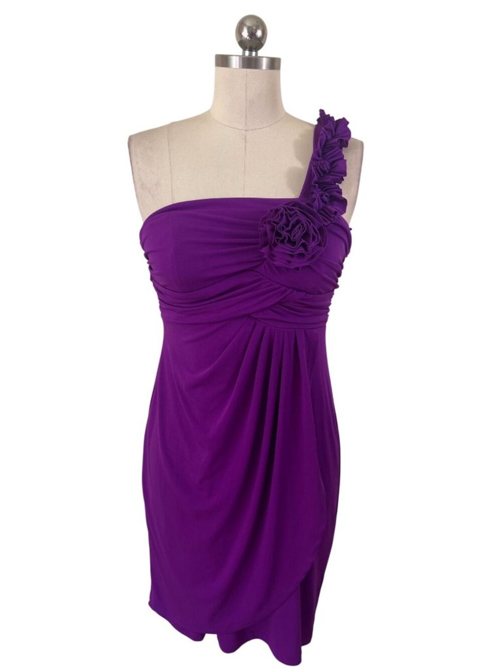En Focus Studio Y2K Purple Off Shoulder Ruched Dress 4 Rosette Bold Cocktail